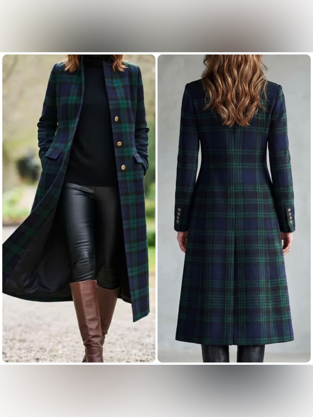 J Crew Long Blackwatch Navy & Green Plaid 100% Wool Coat with Gold Buttons 0